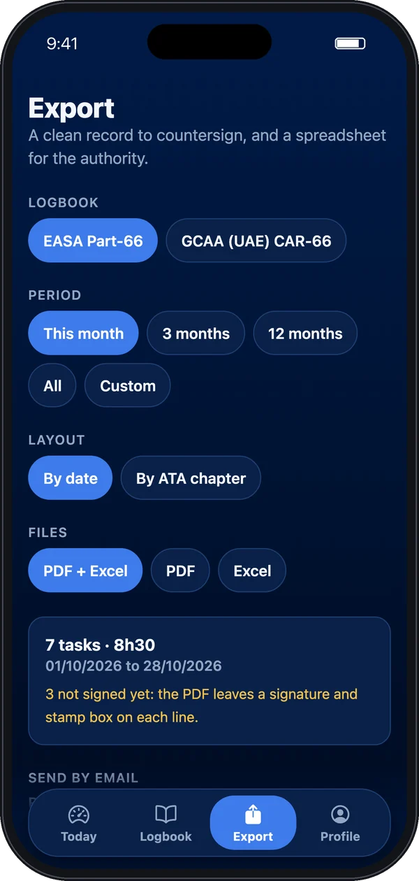 Export screen with logbook, period, layout and file choices