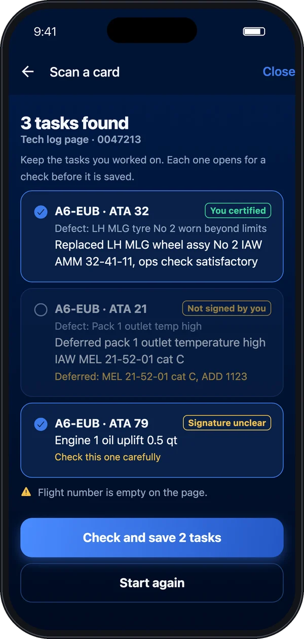 Scan results: three tasks found on a tech log page, one marked not signed by you