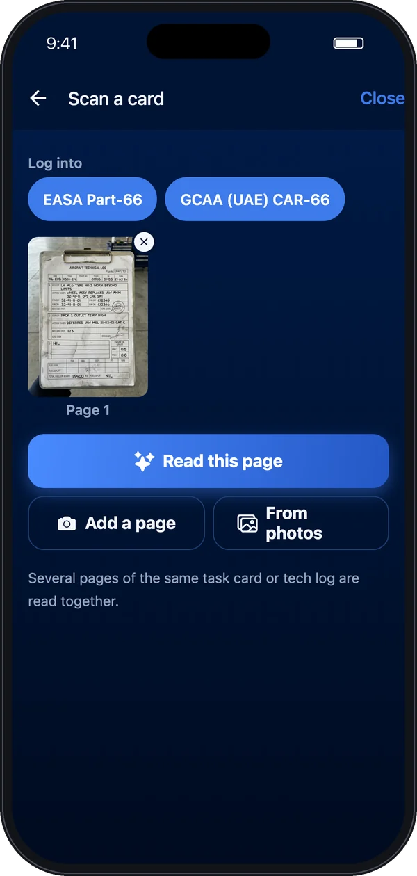 Scan screen with logbook choice and the page to read